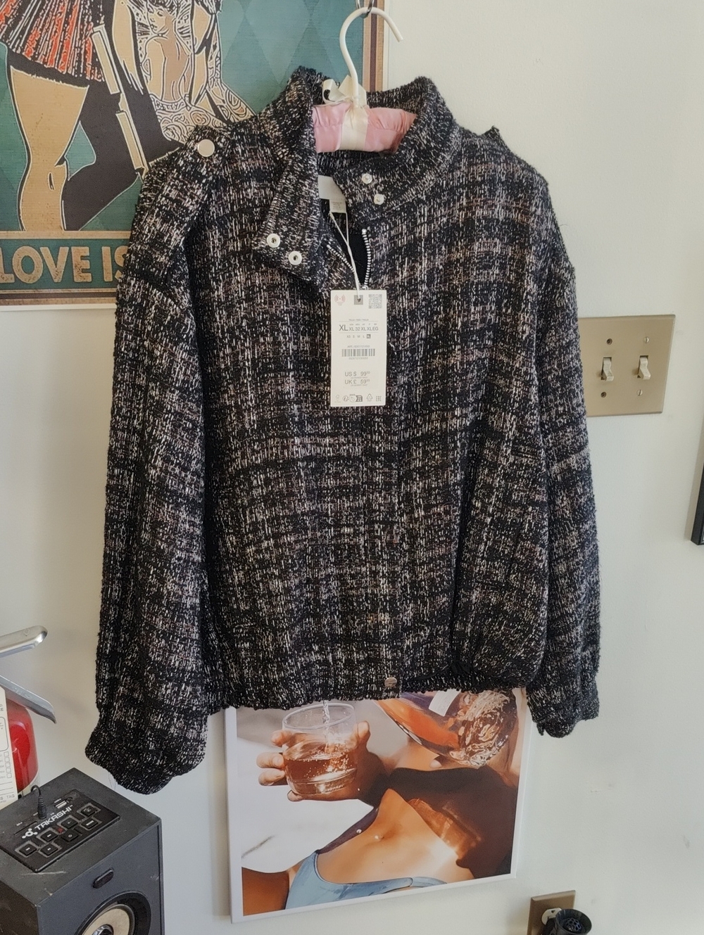 Zara Black & Gray Tweed Bomber Jacket